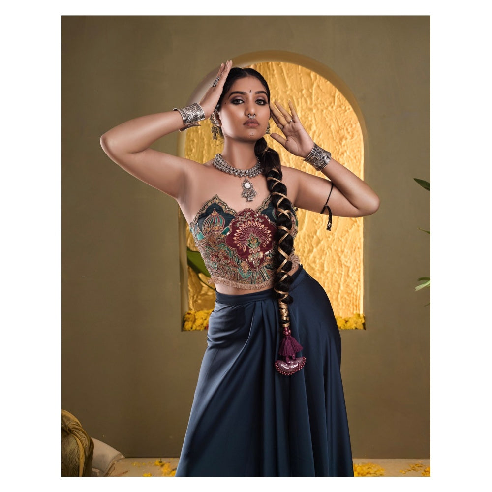 DIVYA SAMAL Teal Naaz Drape Palazzo and Corset with Cape