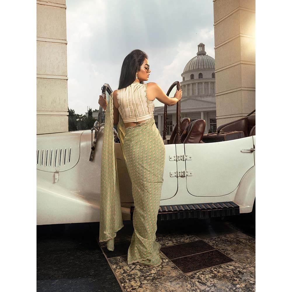 DOHR INDIA Ayra Olive Floral Printed Organza Saree with Unstitched Blouse