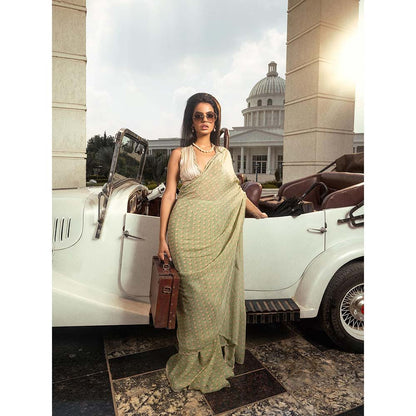 DOHR INDIA Ayra Olive Floral Printed Organza Saree with Unstitched Blouse