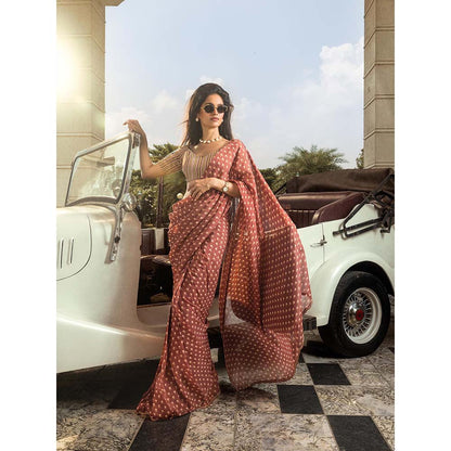 DOHR INDIA Adah Maroon Floral Printed Organza Saree with Unstitched Blouse