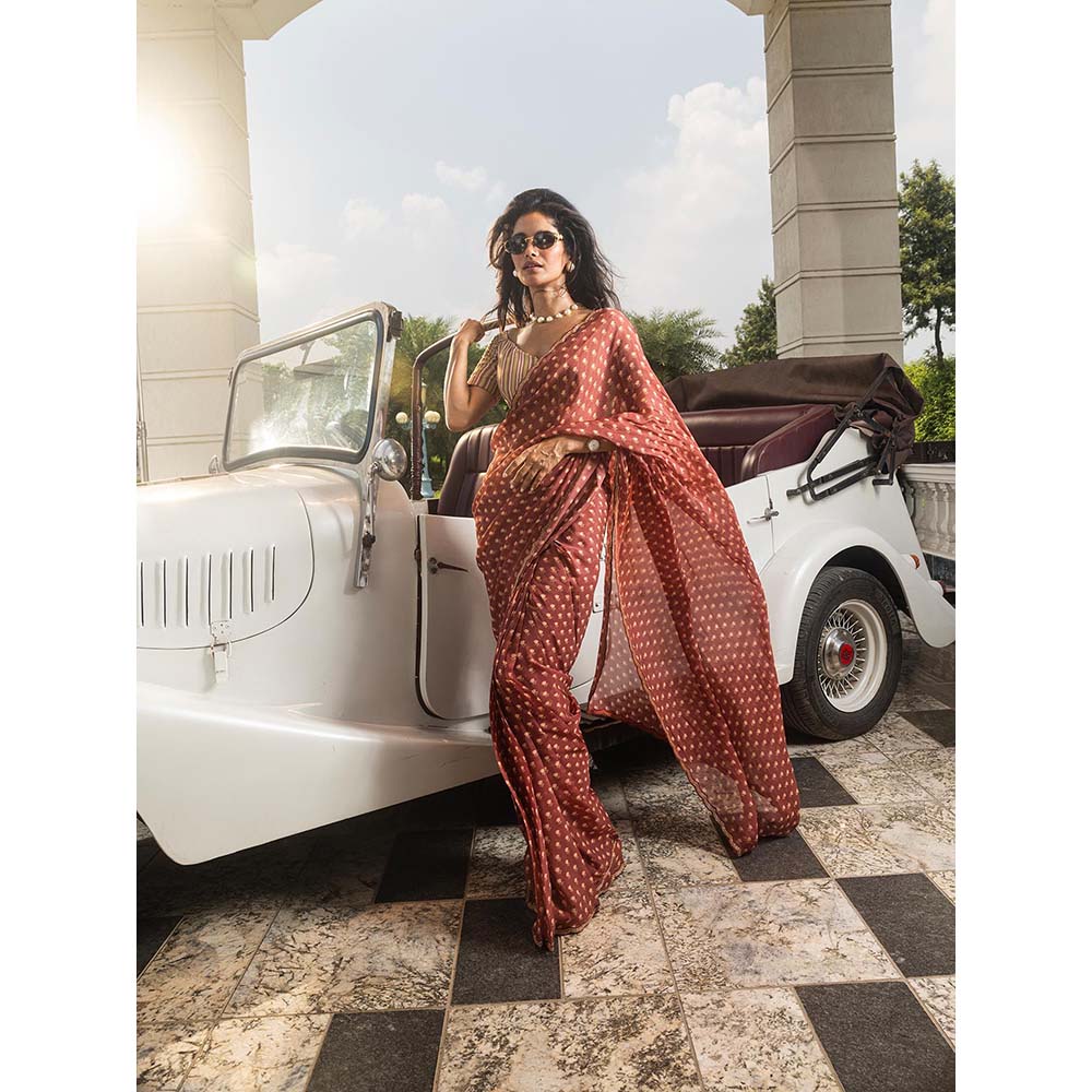 DOHR INDIA Adah Maroon Floral Printed Organza Saree with Unstitched Blouse