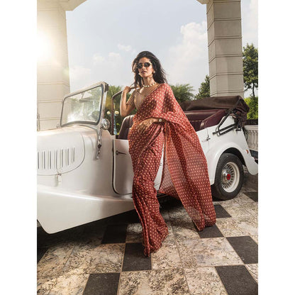 DOHR INDIA Adah Maroon Floral Printed Organza Saree with Unstitched Blouse