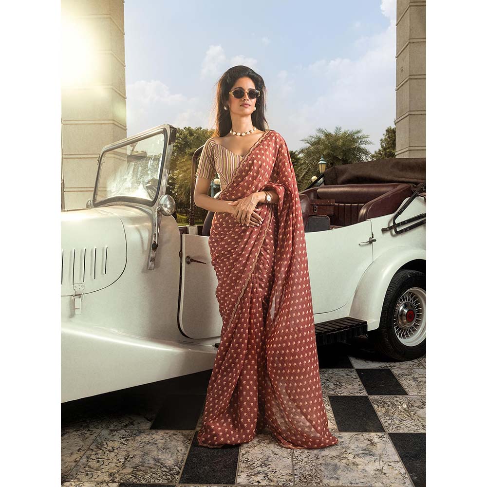 DOHR INDIA Adah Maroon Floral Printed Organza Saree with Unstitched Blouse