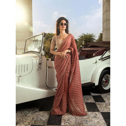DOHR INDIA Adah Maroon Floral Printed Organza Saree with Unstitched Blouse
