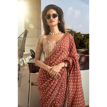 DOHR INDIA Adah Maroon Floral Printed Organza Saree with Unstitched Blouse