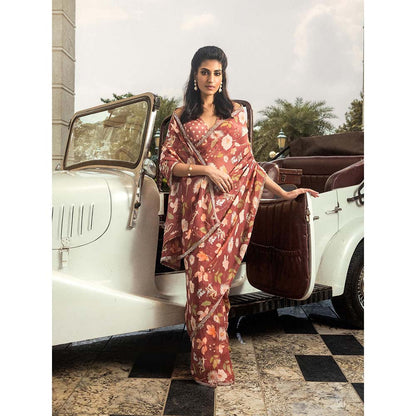 DOHR INDIA Anchal Brick Brown Floral Printed Organza Saree with Unstitched Blouse