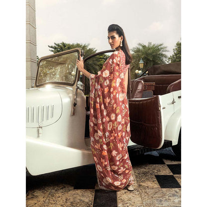 DOHR INDIA Anchal Brick Brown Floral Printed Organza Saree with Unstitched Blouse