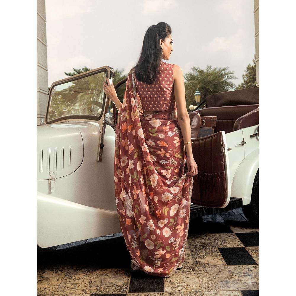 DOHR INDIA Anchal Brick Brown Floral Printed Organza Saree with Unstitched Blouse