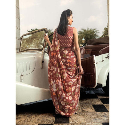 DOHR INDIA Anchal Brick Brown Floral Printed Organza Saree with Unstitched Blouse