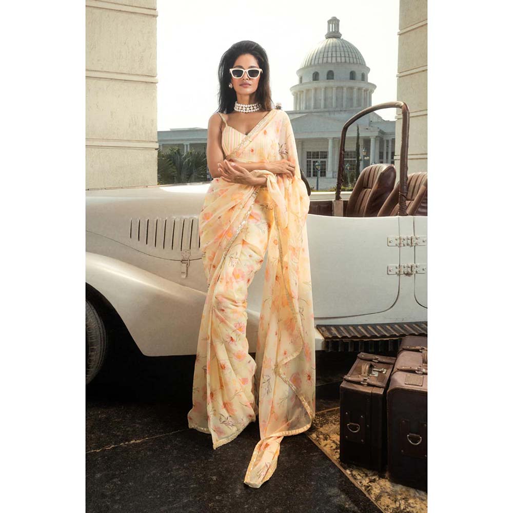 DOHR INDIA Aashi Yellow Floral Printed Organza Saree with Unstitched Blouse