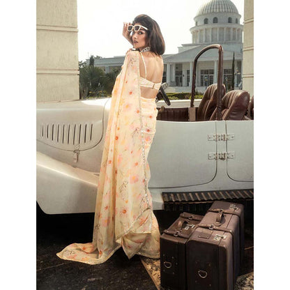 DOHR INDIA Aashi Yellow Floral Printed Organza Saree with Unstitched Blouse