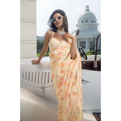 DOHR INDIA Aashi Yellow Floral Printed Organza Saree with Unstitched Blouse