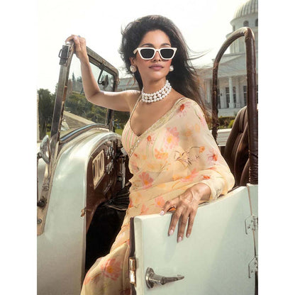 DOHR INDIA Aashi Yellow Floral Printed Organza Saree with Unstitched Blouse