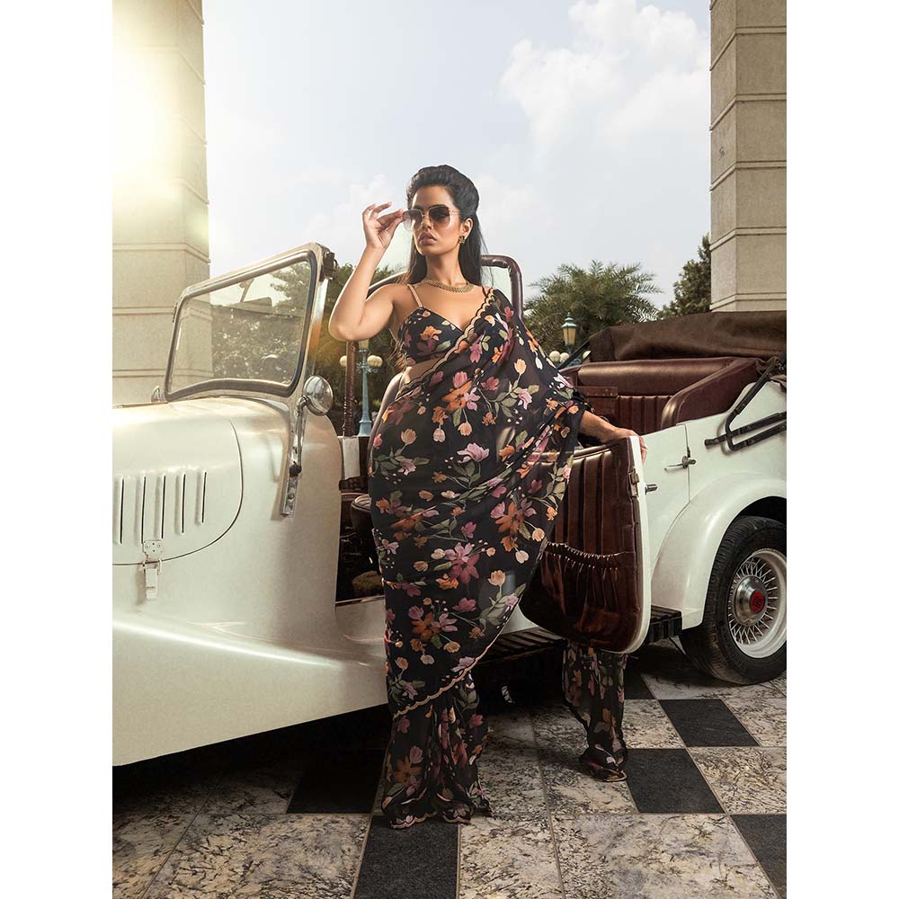 DOHR INDIA Amaira Black Floral Printed Organza Saree with Unstitched Blouse