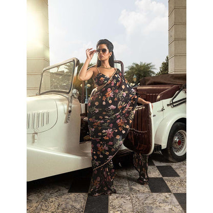 DOHR INDIA Amaira Black Floral Printed Organza Saree with Unstitched Blouse