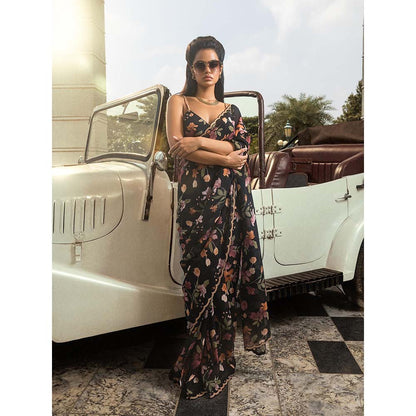 DOHR INDIA Amaira Black Floral Printed Organza Saree with Unstitched Blouse