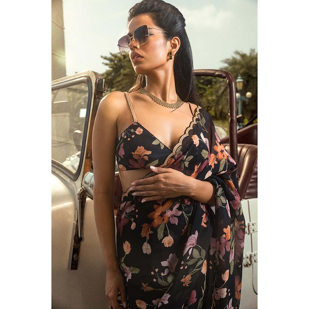 DOHR INDIA Amaira Black Floral Printed Organza Saree with Unstitched Blouse