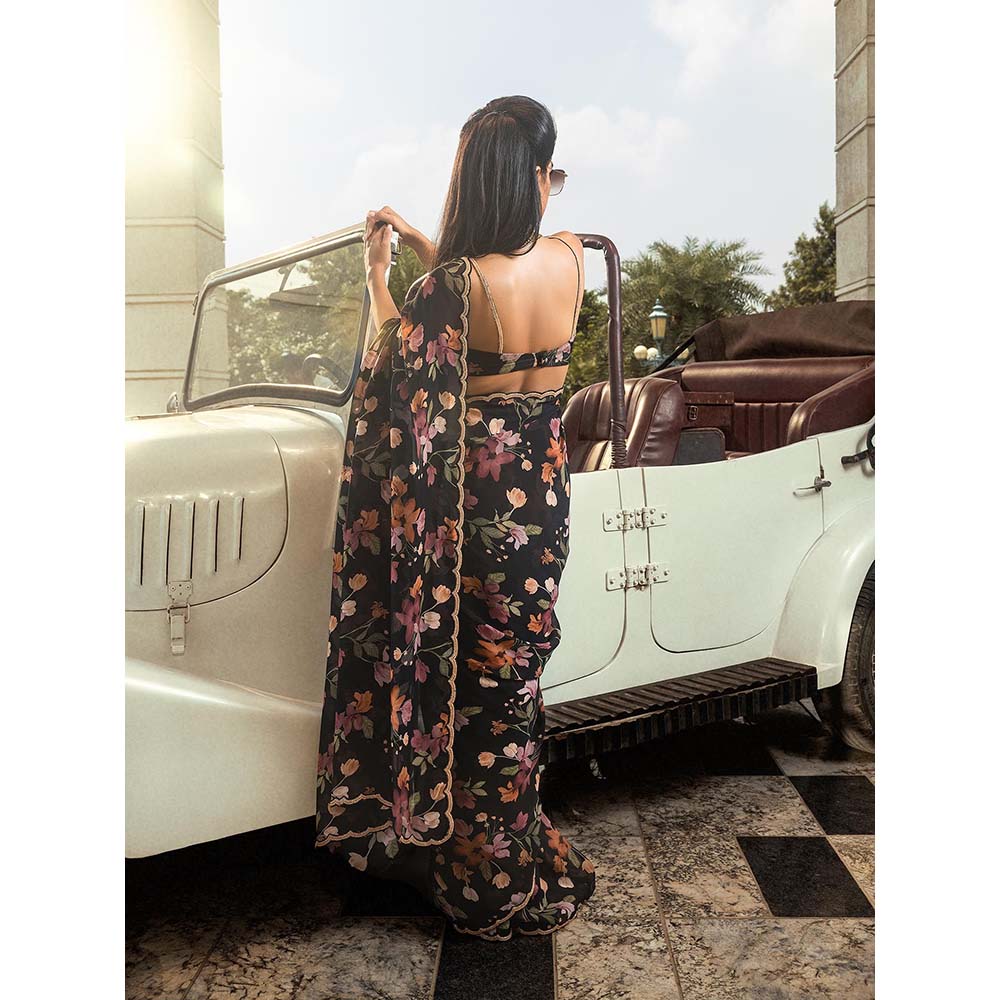 DOHR INDIA Amaira Black Floral Printed Organza Saree with Unstitched Blouse