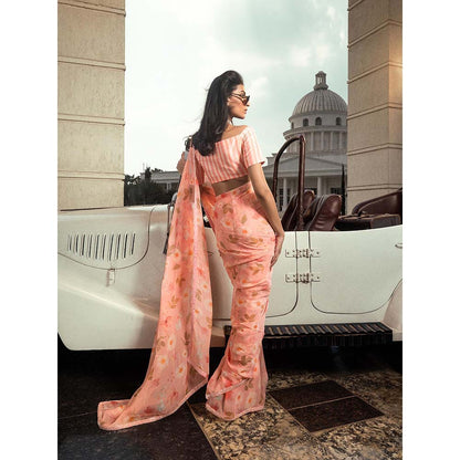 DOHR INDIA Ameera Peach Floral Printed Organza Saree with Unstitched Blouse