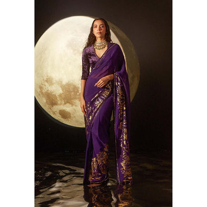 DOHR INDIA Aarna Deep Purple Floral Foil Printed Organza Saree with Unstitched Blouse