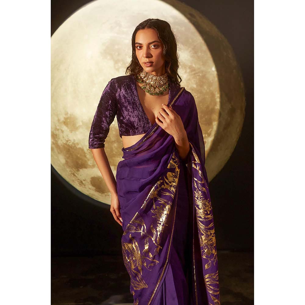 DOHR INDIA Aarna Deep Purple Floral Foil Printed Organza Saree with Unstitched Blouse