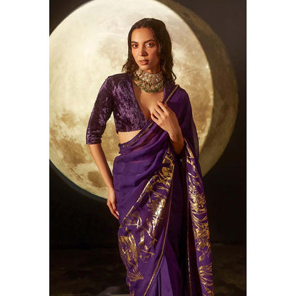 DOHR INDIA Aarna Deep Purple Floral Foil Printed Organza Saree with Unstitched Blouse