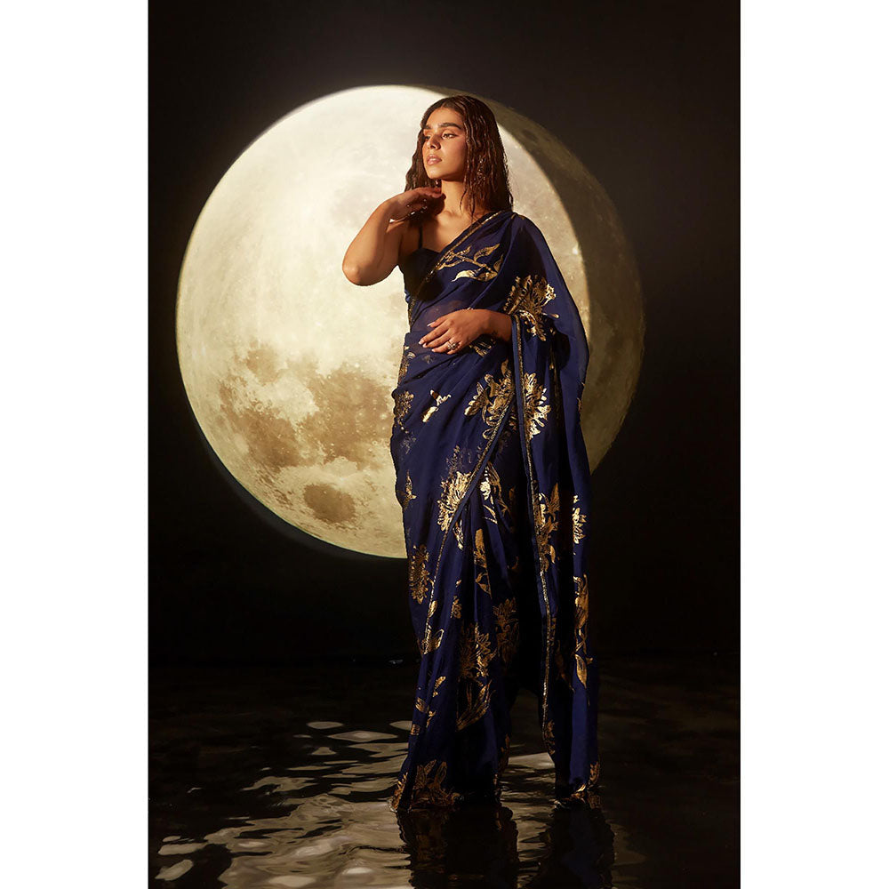 DOHR INDIA Aayat Deep Blue Floral Foil Printed Organza Saree with Unstitched Blouse