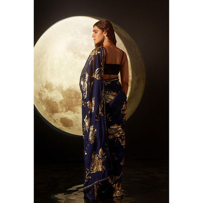 DOHR INDIA Aayat Deep Blue Floral Foil Printed Organza Saree with Unstitched Blouse