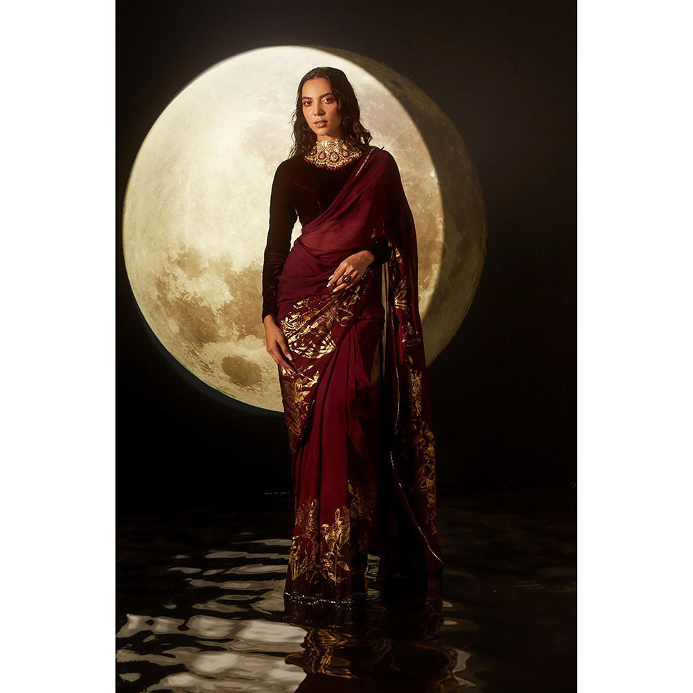 DOHR INDIA Aaina Maroon Floral Foil Printed Organza Saree with Unstitched Blouse