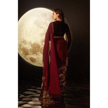 DOHR INDIA Aaina Maroon Floral Foil Printed Organza Saree with Unstitched Blouse