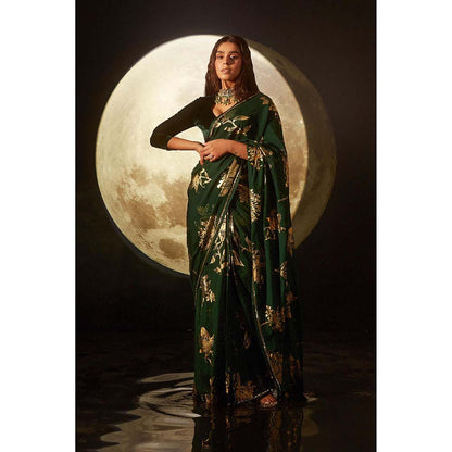 DOHR INDIA Alizeh Green Floral Foil Printed Organza Saree with Unstitched Blouse