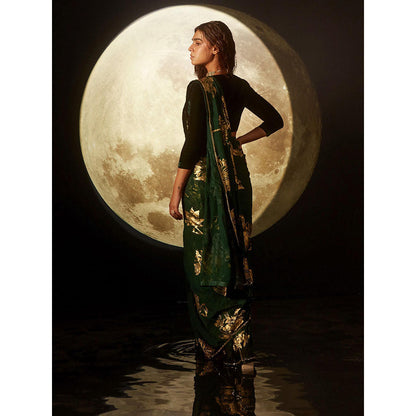 DOHR INDIA Alizeh Green Floral Foil Printed Organza Saree with Unstitched Blouse