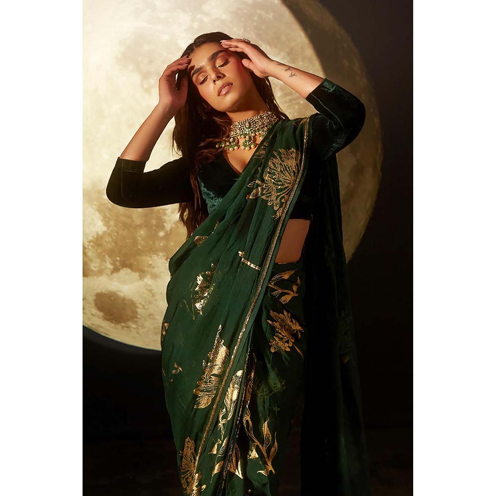 DOHR INDIA Alizeh Green Floral Foil Printed Organza Saree with Unstitched Blouse