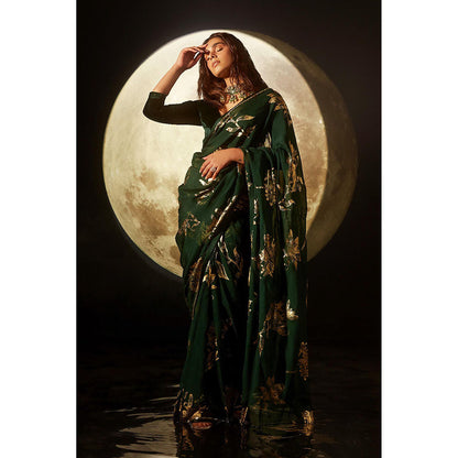 DOHR INDIA Alizeh Green Floral Foil Printed Organza Saree with Unstitched Blouse