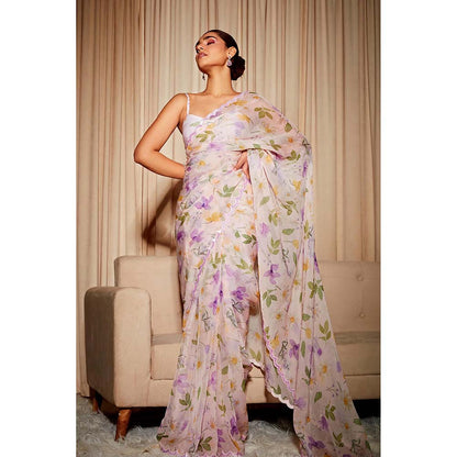 DOHR INDIA Alina Off White Floral Printed Organza Saree with Unstitched Blouse