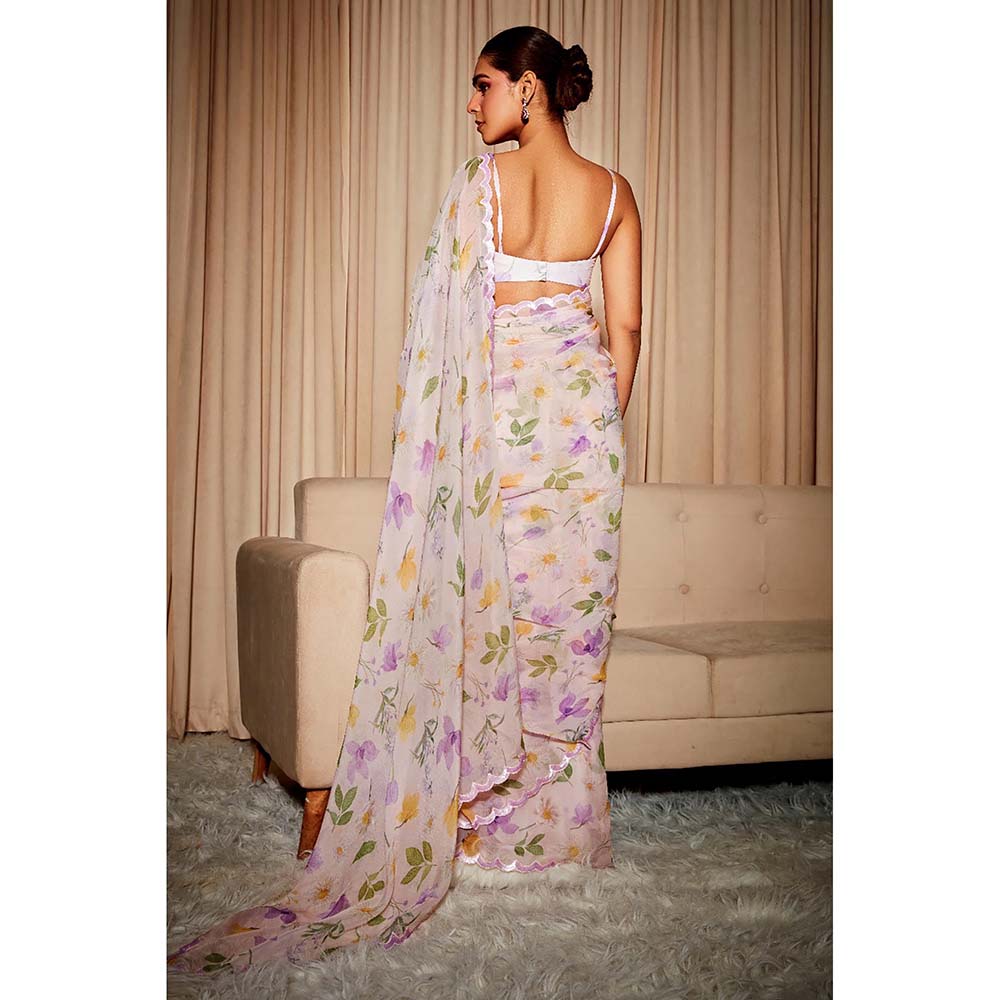 DOHR INDIA Alina Off White Floral Printed Organza Saree with Unstitched Blouse