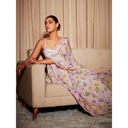 DOHR INDIA Alina Off White Floral Printed Organza Saree with Unstitched Blouse