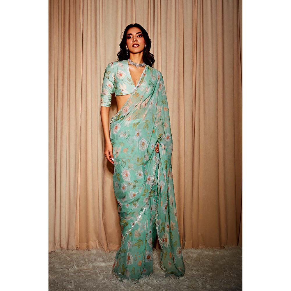 DOHR INDIA Ava Green Floral Printed Organza Saree with Unstitched Blouse