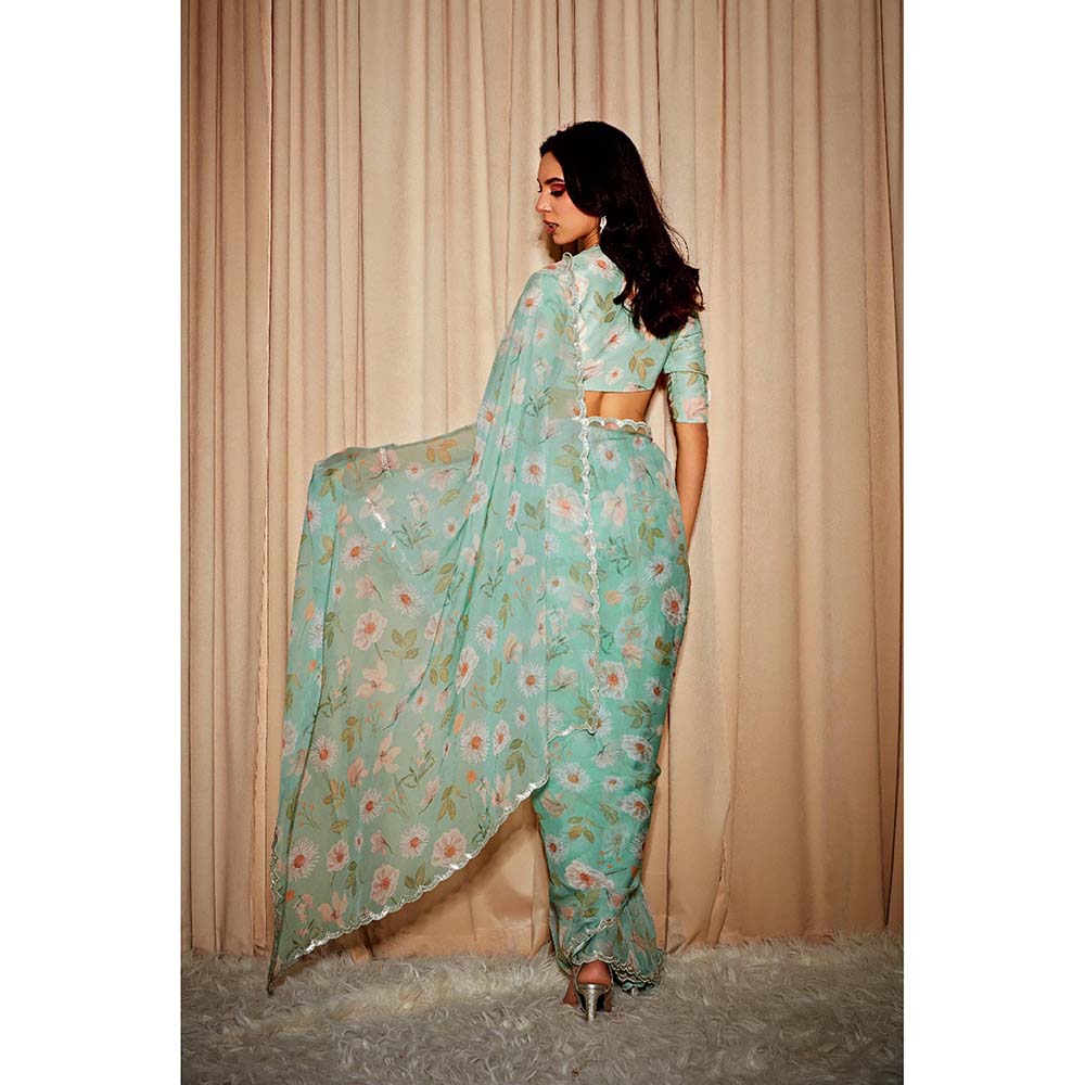 DOHR INDIA Ava Green Floral Printed Organza Saree with Unstitched Blouse