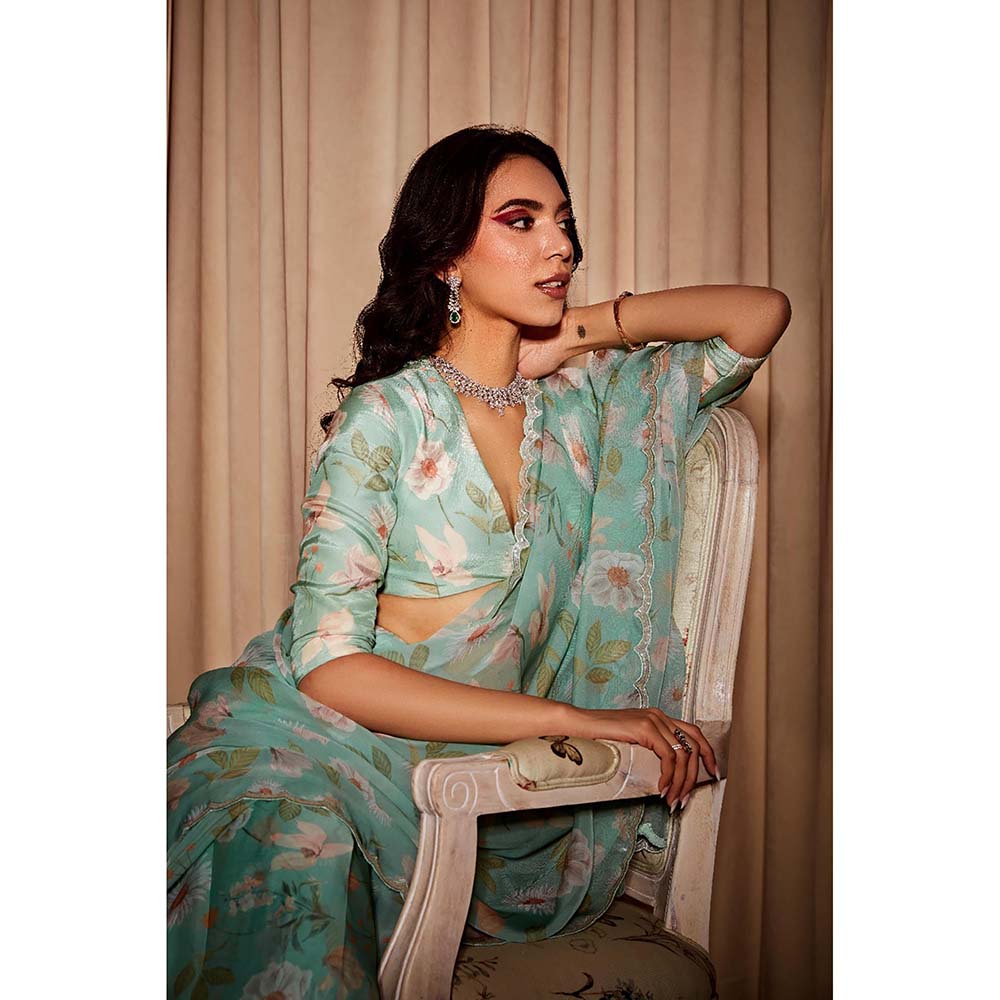 DOHR INDIA Ava Green Floral Printed Organza Saree with Unstitched Blouse