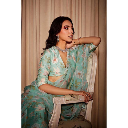 DOHR INDIA Ava Green Floral Printed Organza Saree with Unstitched Blouse