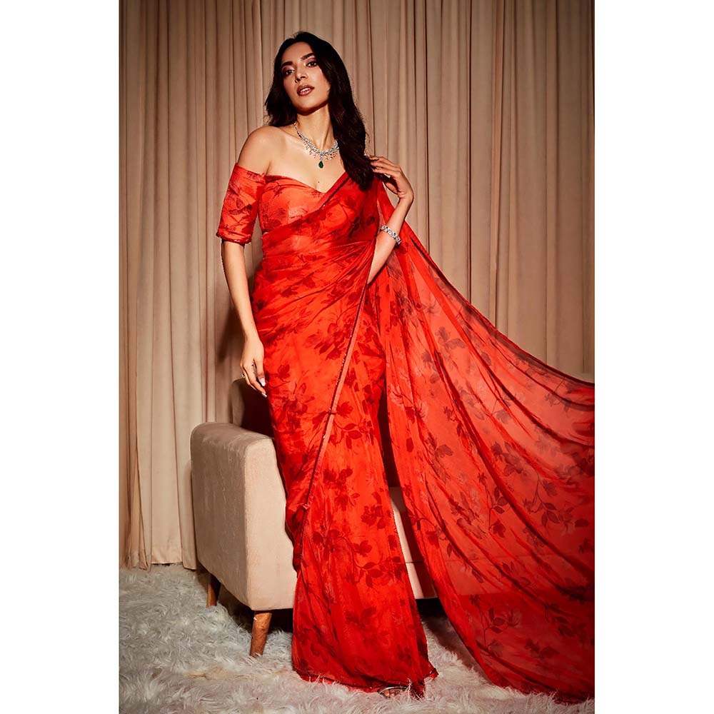 DOHR INDIA Amina Maroon Floral Printed Organza Saree with Unstitched Blouse