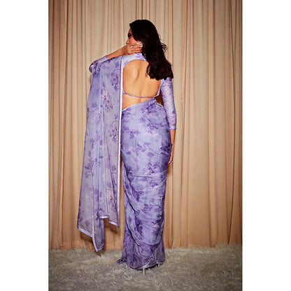 DOHR INDIA Amaya Lavender Floral Printed Organza Saree with Unstitched Blouse