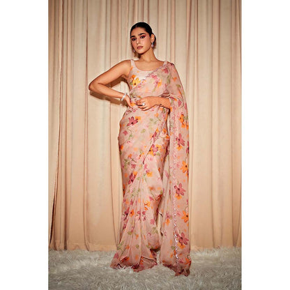 DOHR INDIA Aria Beige Floral Printed Organza Saree with Unstitched Blouse