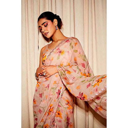 DOHR INDIA Aria Beige Floral Printed Organza Saree with Unstitched Blouse