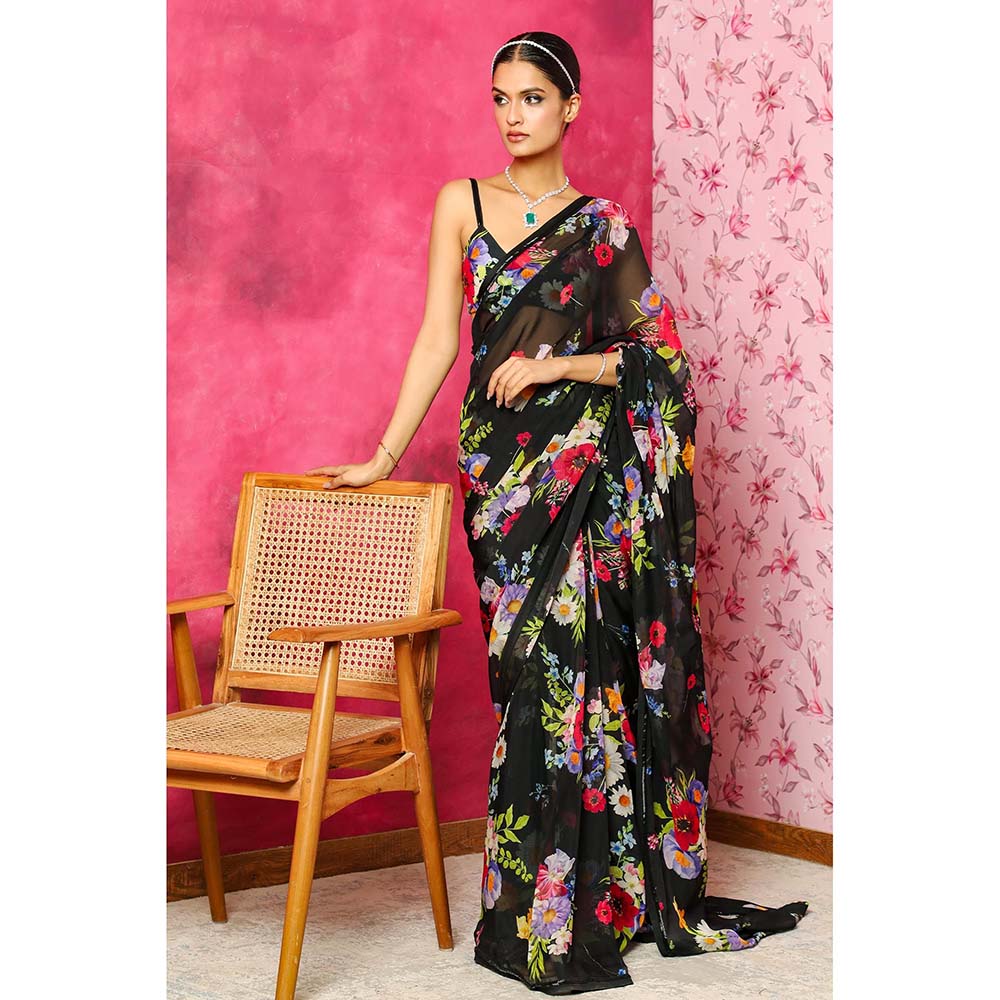 DOHR INDIA Areeba Black Floral Printed Organza Saree with Unstitched Blouse