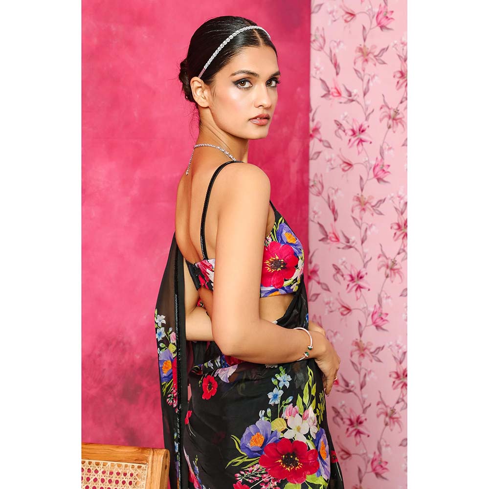 DOHR INDIA Areeba Black Floral Printed Organza Saree with Unstitched Blouse