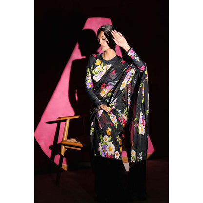 DOHR INDIA Areeba Black Floral Printed Organza Saree with Unstitched Blouse