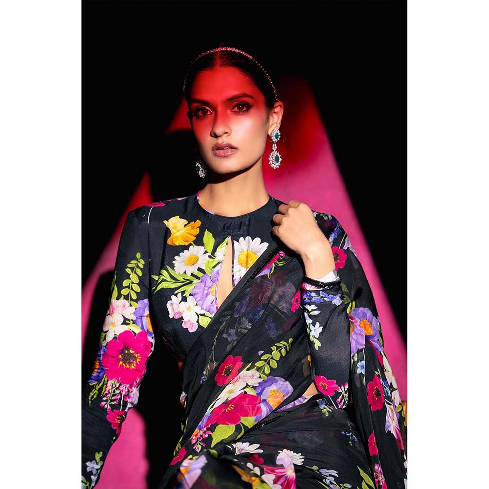 DOHR INDIA Areeba Black Floral Printed Organza Saree with Unstitched Blouse