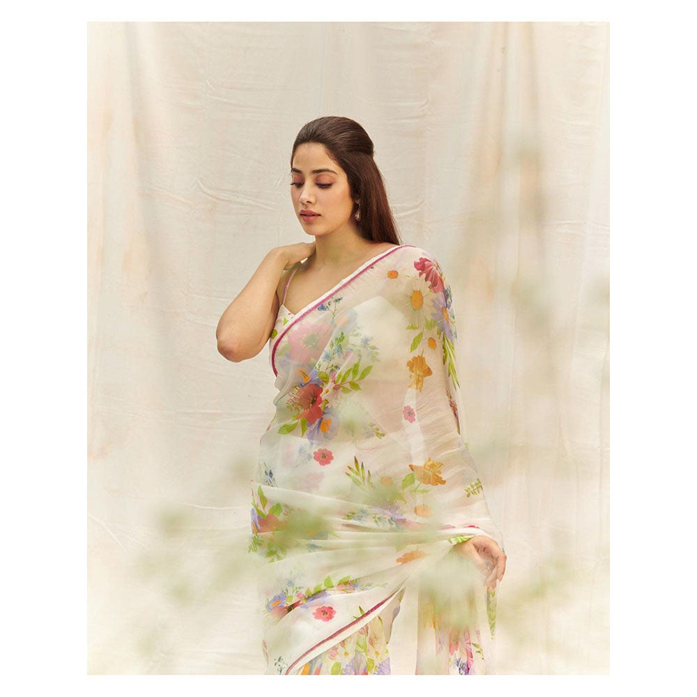 DOHR INDIA Arzoo White Floral Printed Organza Saree with Unstitched Blouse